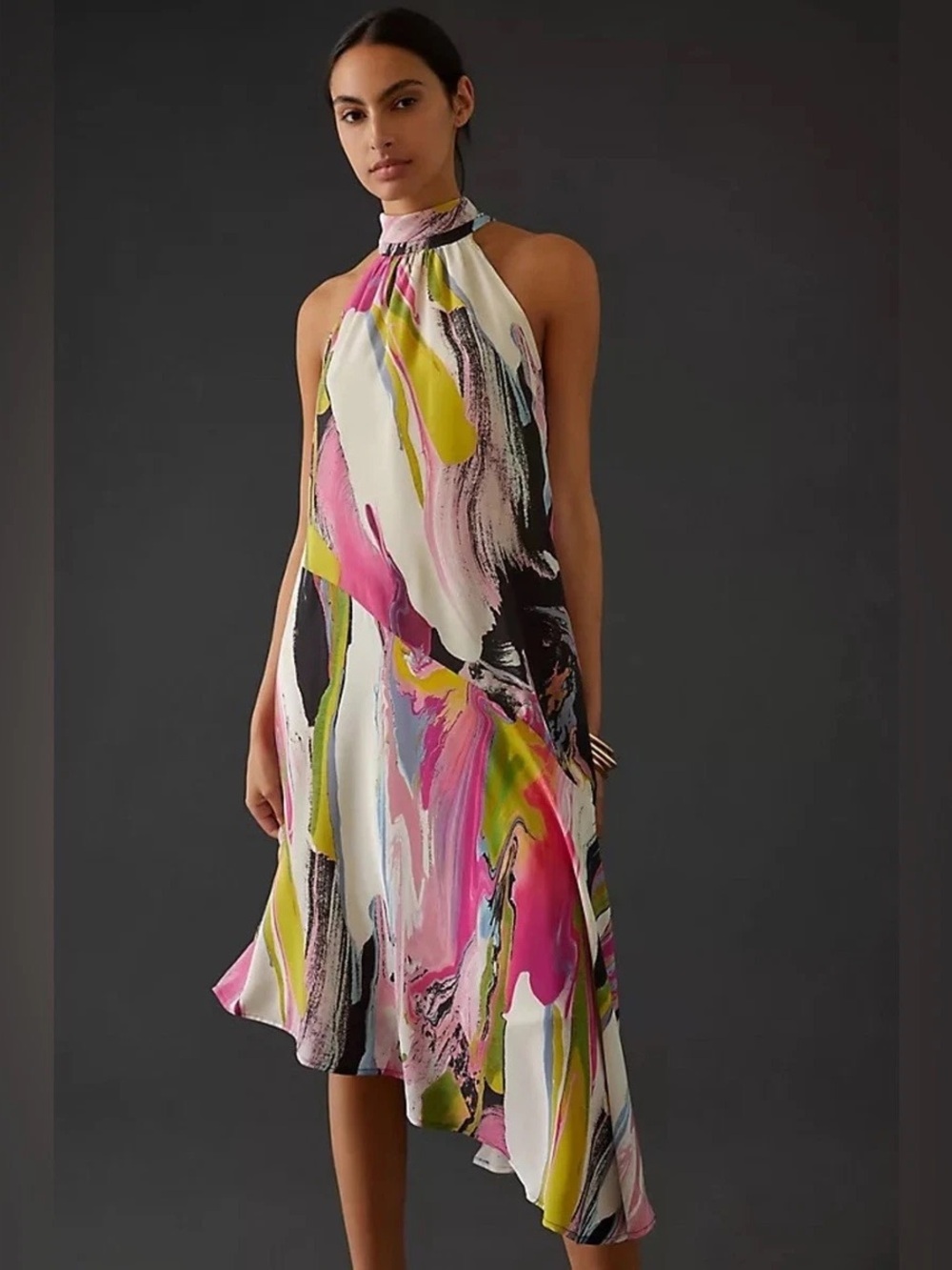Silk High Neck Abstract Watercolor Midi Dress